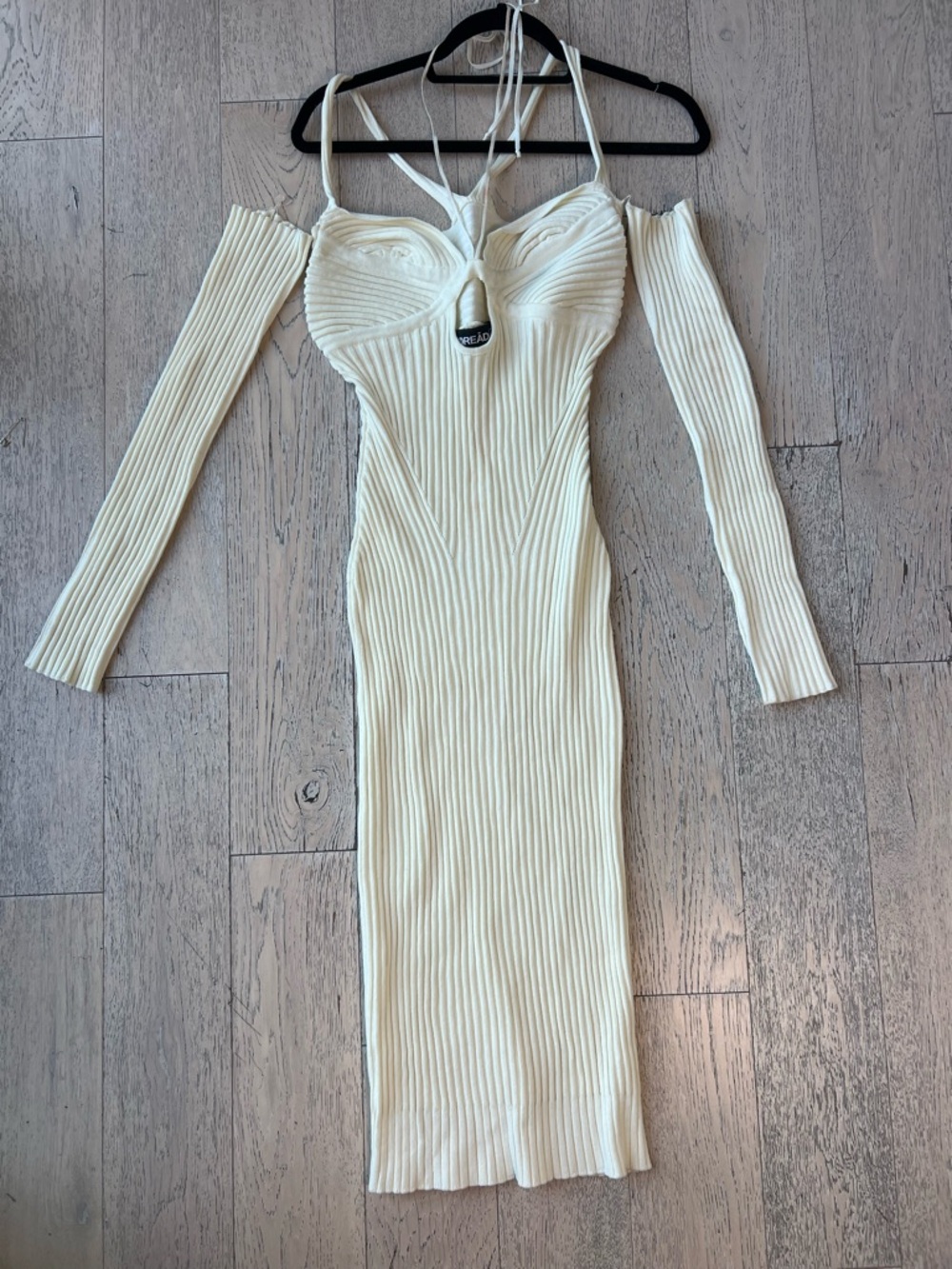ANDREADAMO Cream Ribbed Long-Sleeve Stretchy Dress with Off-Shoulder Sleeves